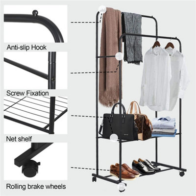 Black Rolling Garment Rack Double Pole Clothes Hanging Rail