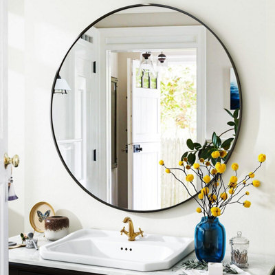 Black Round Bathroom Mirrorwith Simple Metal Frame - 40CM