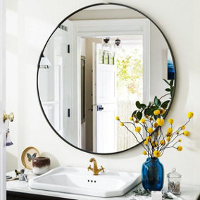 Black Round Bathroom Mirrorwith Simple Metal Frame - 50CM