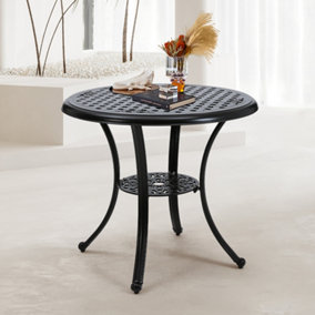 Black Round Cast Aluminum Outdoor Patio Dining Table with Umbrella Hole 80cm