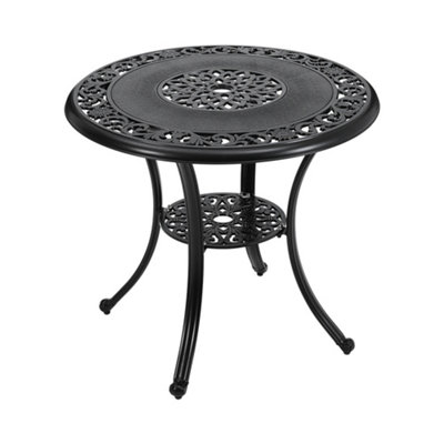 Black Round Cast Aluminum Outdoor Patio Dining Table with Umbrella Hole