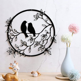 Black Round Farmhouse Style Birds Branches Metal Art Wall Decor for Home Living Room Dia 30cm