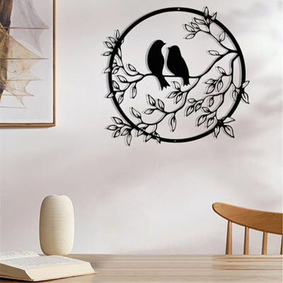 Black Round Farmhouse Style Birds Branches Metal Art Wall Decor for Home Living Room Dia 30cm