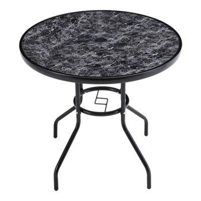 Black Round Garden Tempered Glass Marble Coffee Table with Umbrella Hole 80cm