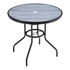 Black Round Garden Tempered Glass Wood Grain Coffee Table with Umbrella Hole 80cm