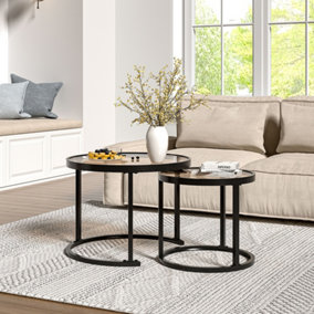 Black Round Glass Nesting Coffee Table Set Nest of Table End Table