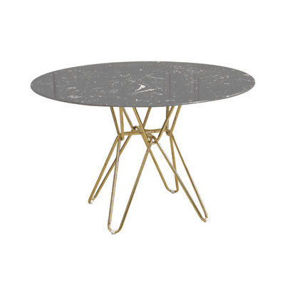 Black Round Marble Dining Table with Creative Geometric Lines Chrome Metal Legs Diameter 120cm
