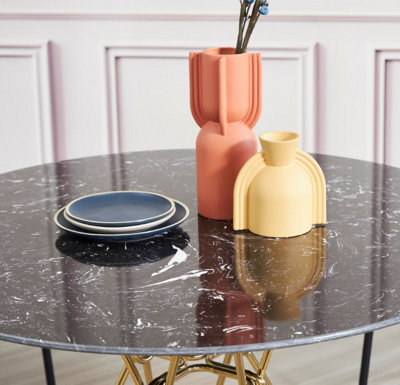 Black Round Marble Dining Table with Creative Geometric Lines Chrome ...