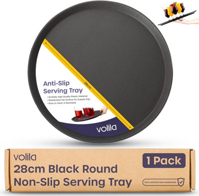 Black Round Non-Slip Tray 28cm Rubberized Serving Tray for Food & Drinks Dishwasher Safe for Parties & Home Use