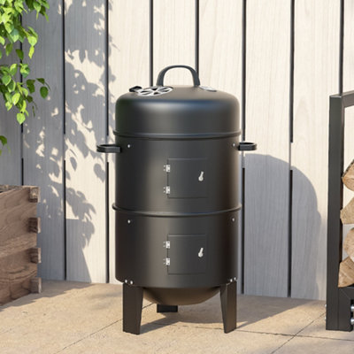 Black Round Portable Freestanding Hot-dipped Galvanized Steel Outdoor BBQ Upright Charcoal Smoker Grill with Thermometer