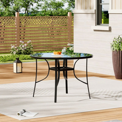 Black Round Tempered Glass Tabletop Metal Outdoor Garden Coffee Table with Parasol Hole 105cm