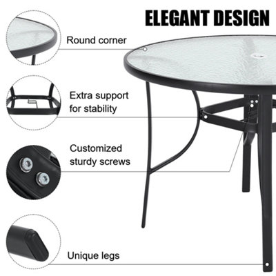 Black Round Tempered Glass Tabletop Metal Outdoor Garden Coffee Table with Parasol Hole 105cm