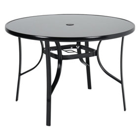 Black Round Tempered Glass Top Garden Bistro Dinging Table with Metal Frame and Umbrella Hole Outdoor 105 cm