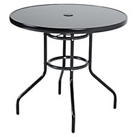 Black Round Tempered Glass Top Garden Bistro Dinging Table with Metal Frame and Umbrella Hole Outdoor 80 cm