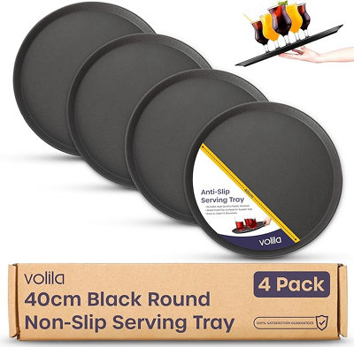 Black Round Tray (40cm, 4 Pack) Non-Slip Rubberized Serving Trays for Food & Drinks, Dishwasher Safe, Perfect for Home & Events