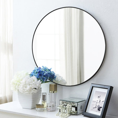 Black Round Wall Mirror Bathroom Framed Mirror 50 cm
