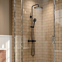Black Round Wall-mount Handheld Head and Rainfall Shower Head and Brass Bathroom Thermostatic Mixer Shower Set