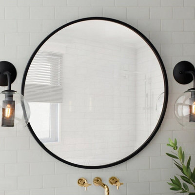 Black Round Wall Mounted Bathroom Framed Mirror 60 cm