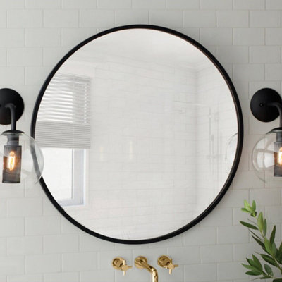 Black Round Wall Mounted Bathroom Framed Mirror 70 cm