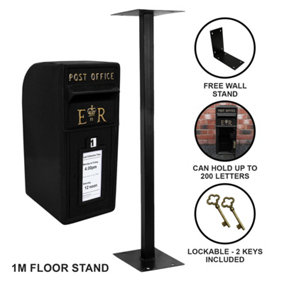 Black Royal Mail Post Box with Floor Stand ER Cast Iron Wall Mounted Wedding Authentic Pillar Lockable Post Office Letter Box