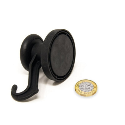 Black Rubber Coated Neodymium Magnet with Swivel Hook for Holding Rope, Wires and Clothing - 43mm dia