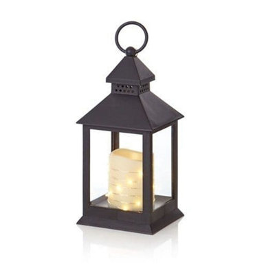 Black Rustic Christmas Candle Lantern Vintage Battery Operated With Timer 24cm