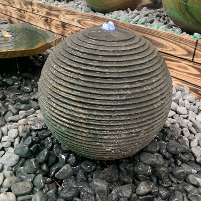 Black Sandstone Ribbed Sphere 40cm Natural Stone Solar Water Feature