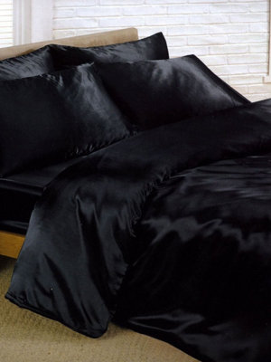 Black Satin Super King Duvet Cover, Fitted Sheet and 4 pillowcases Set