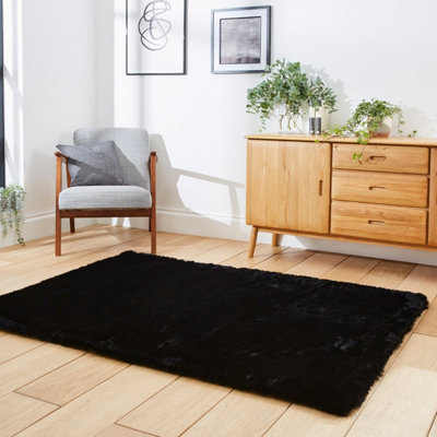 Black Shaggy Modern Plain Machine Made Rug for Living Room and Bedroom ...