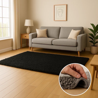 Black Shaggy Rug 160x230 cm 5 Centimeter Dense Pile Thick Soft Luxury ...