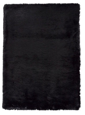 Black Shaggy Rug, Anti-Shed Plain Rug, 80mm Thickness Modern Rug, Shaggy Rug for Bedroom, & Dining Room-60cm X 120cm