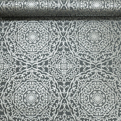 Black Silver Damask Oriental Mosaic Shimmer Metallic Glitter Feature