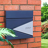 Black & Silver Wall Mounted Lockable Letterbox - Weather Resistant Galvanised Steel Mail Letter Post Box with Newspaper Holder