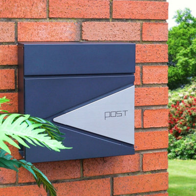 Black & Silver Wall Mounted Lockable Letterbox - Weather Resistant Galvanised Steel Mail Letter Post Box with Newspaper Holder