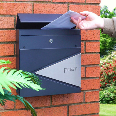 Black & Silver Wall Mounted Lockable Letterbox - Weather Resistant Galvanised Steel Mail Letter Post Box with Newspaper Holder