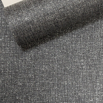 Black Sliver Vinyl Wallpaper Thick Texture Glitter Linen Effect Slight Imperfect