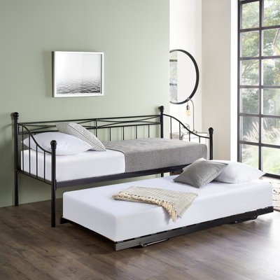 Black Solid Metal Modern Single Trundle Bed Frame With Pull Out Bed