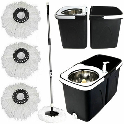Black Space Saving 360 degree Rotating Dual Spin Dry Mop & Bucket 3 Microfibre Heads