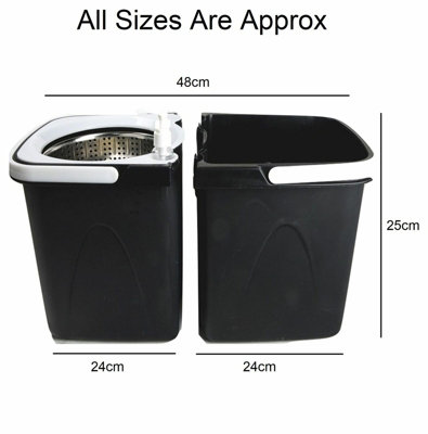 Black Space Saving 360 degree Rotating Dual Spin Dry Mop & Bucket 3 Microfibre Heads - 6