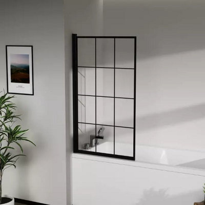 Black Square Grid Shower Bath Screen 1400mm x 800mm black profile