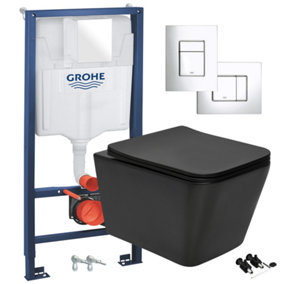 Black Square Hidden Fixation Rimless Wall Hung Toilet & GROHE 1.13m Concealed WC Cistern Frame