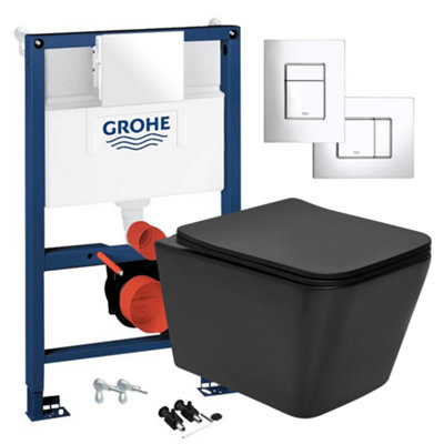 Black Square Hidden Fixation Rimless Wall Hung Toilet Pan & GROHE 0.82m Concealed WC Cistern Frame