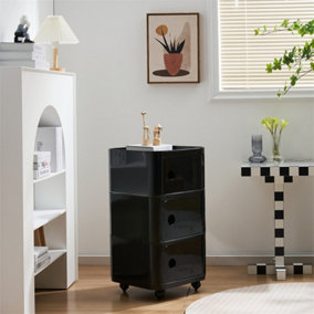 Black Square Multi Tiered Plastic Bedside Storage Drawers Unit Drawer Bedside Chest with Wheels 72cm H