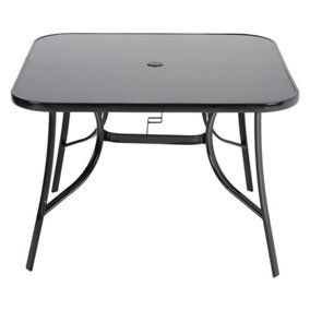 Black Square Tempered Glass Top Garden Bistro Dinging Table with Metal Frame and Umbrella Hole Outdoor 105 cm