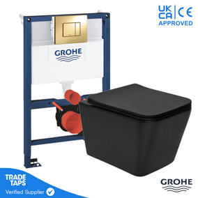 Black Square Wall Hung Toilet WC Pan with GROHE 0.82m Concealed Cistern Dual Flush  Frame - Cool Sunrise