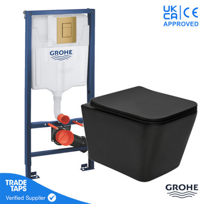 Black Square Wall Hung Toilet WC Pan with GROHE 1.13m Concealed Cistern Dual Flush  Frame - Brushed Cool Sunrise