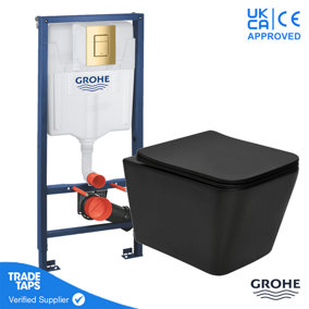 Black Square Wall Hung Toilet WC Pan with GROHE 1.13m Concealed Cistern Dual Flush  Frame - Cool Sunrise