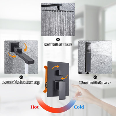 Black Square Wall-mount 3 Way Handheld Head and Rainfall Shower Head Concealed Mixer Shower Set