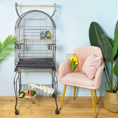 Black Steel Frame Bird Cage With 4 Castors and Shelf 510x510x1390mm