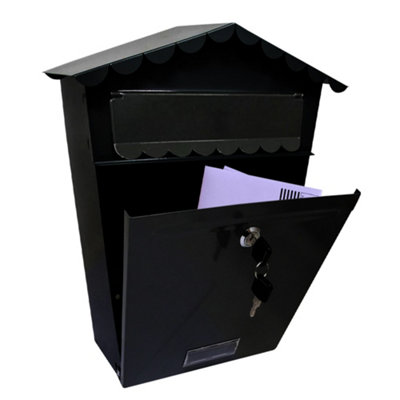 Black Steel Post Box Lockable Letterbox Mail Wall Mounted Postbox Home Letters Organiser Storage Office Home Garden Mailbox